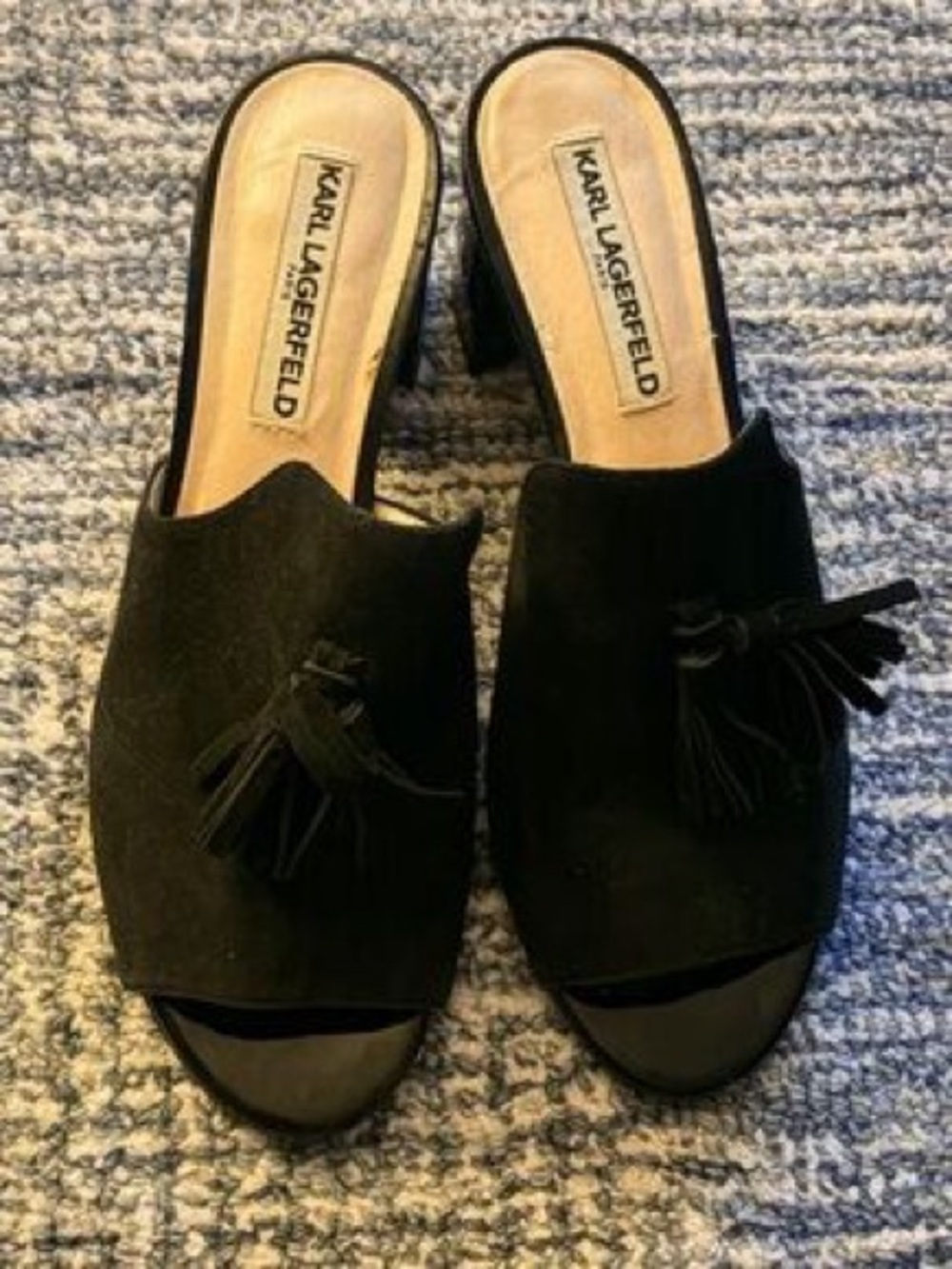 Karl Lagerfeld Black Suede Tassel Open-Toe Mule Heels